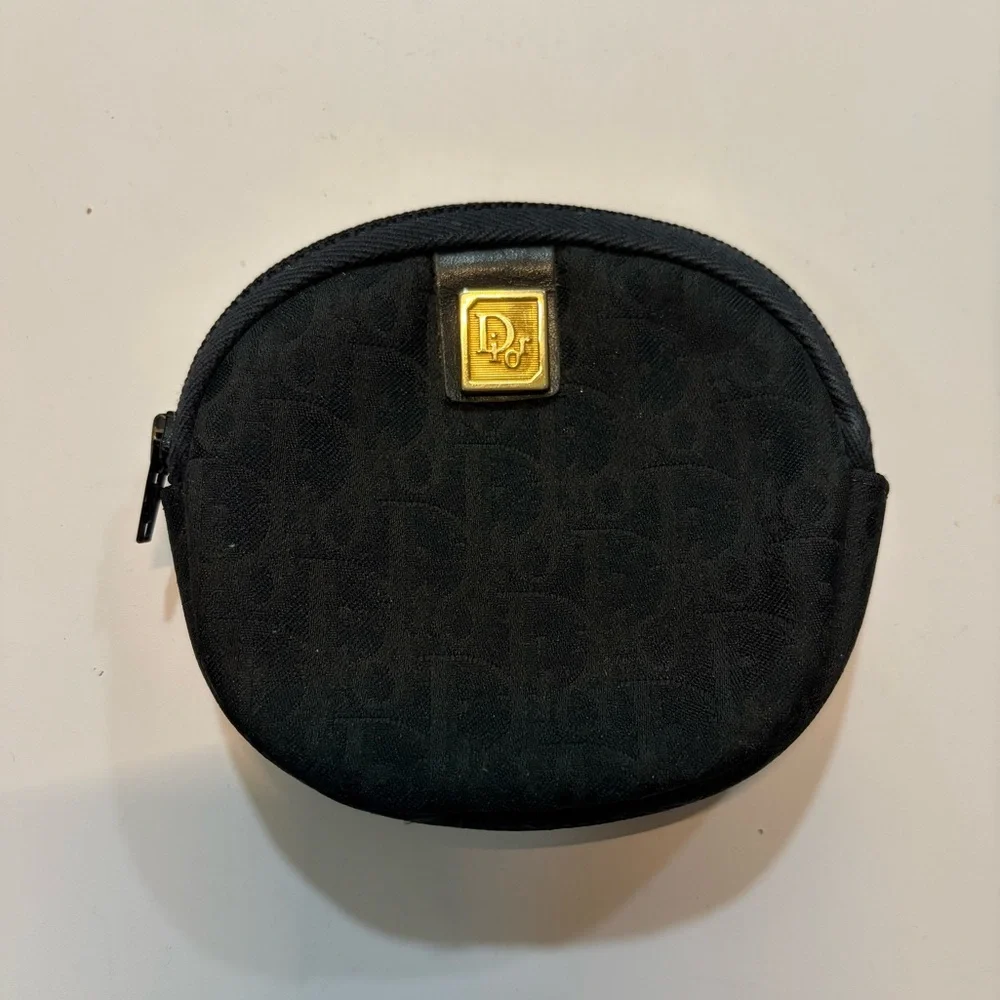 Vintage Dior Black Monogram Coin Purse Gold Plaque Made in France - AUTHENTIC